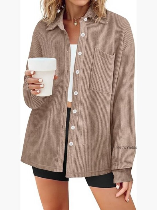 Tops - Waffle Knit Button Down Shirt Long Sleeve V Neck Blouse Loose Fit Work Top